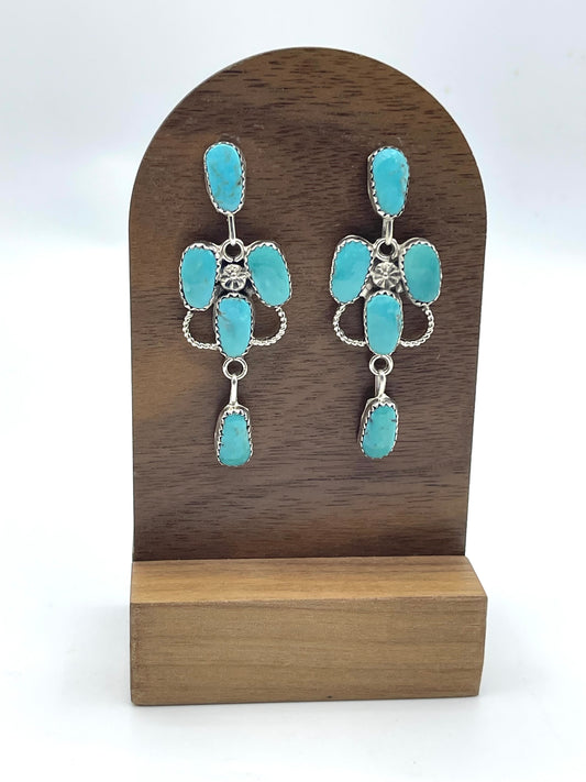 5 Stone Turquoise Post Dangle Earrings by Claudine Penketewa, Zuni