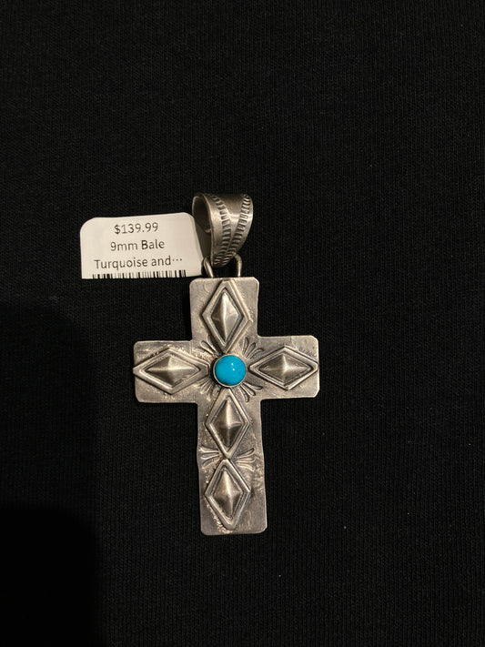 9mm Bale Turquoise and Sterling Silver Cross Pendant by Boyd Ashley, Navajo