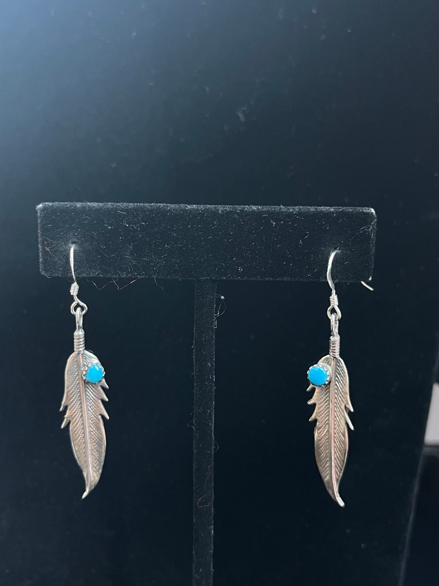 Feather Dangle Earrings with Turquoise Stone by Louise Joe, Navajo