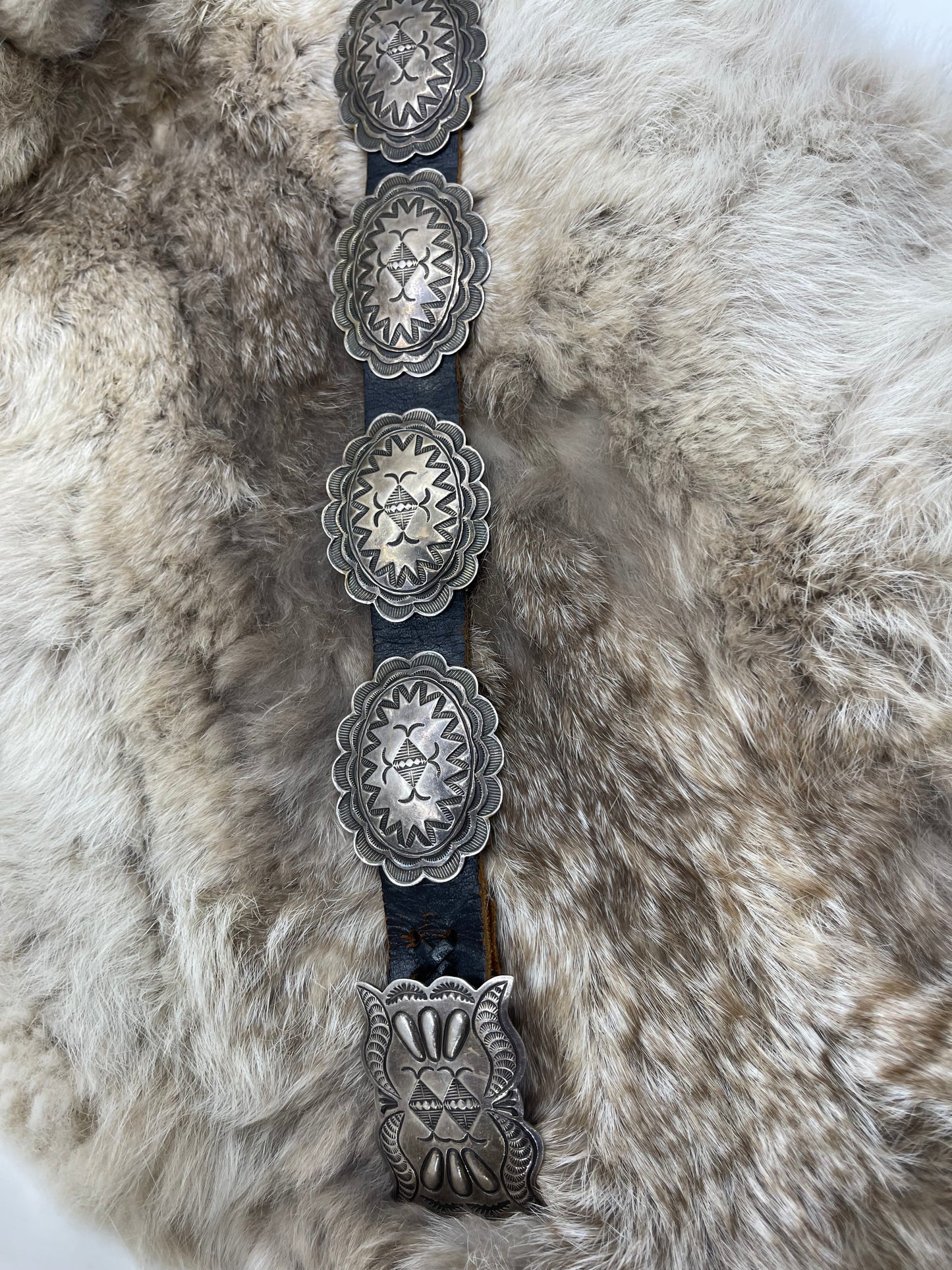 Vintage Silver Concho Belt by John Lucio, Zuni