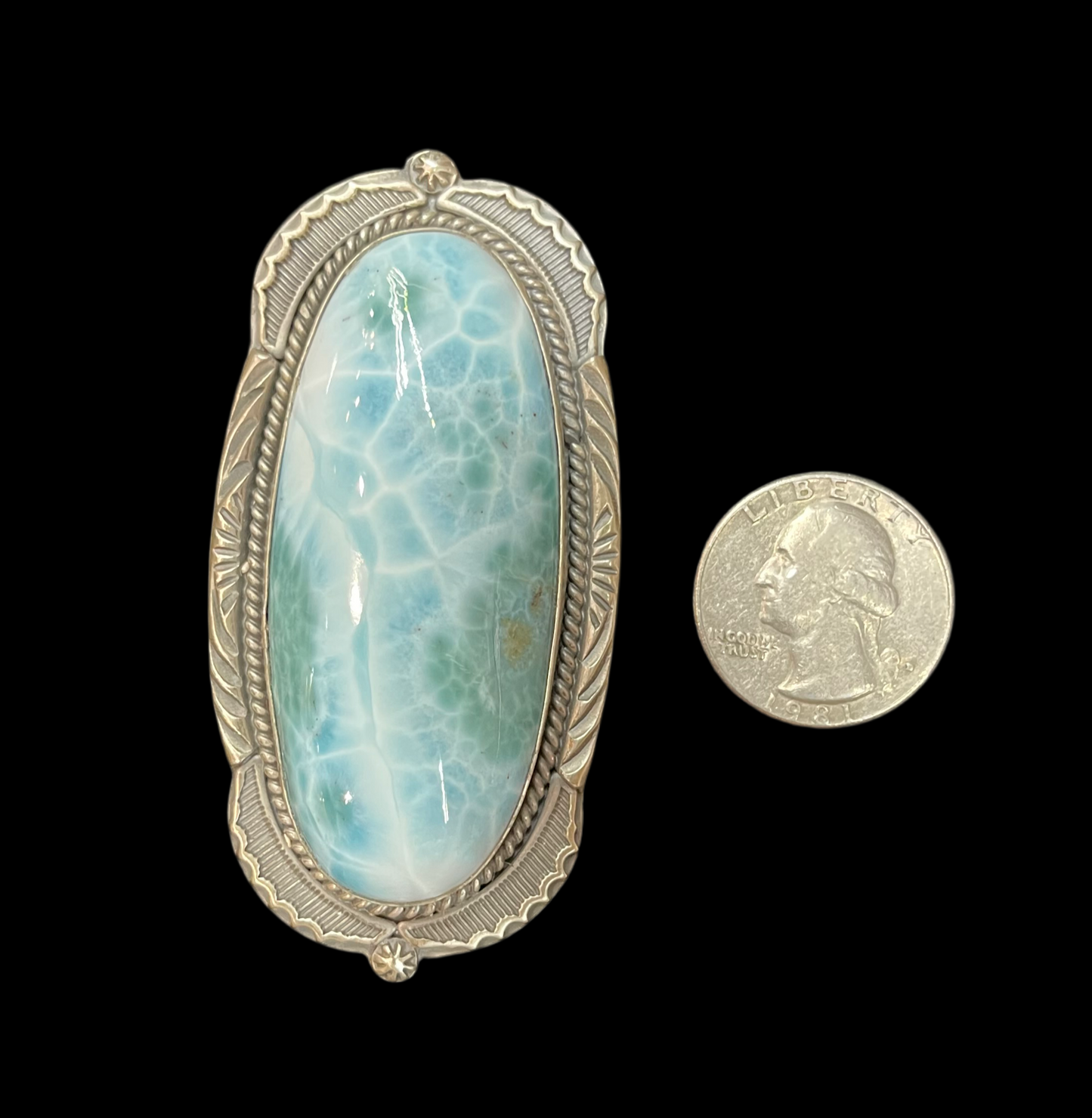 11.0 Large Oval Larimar Ring by Gilbert Platero, Navajo