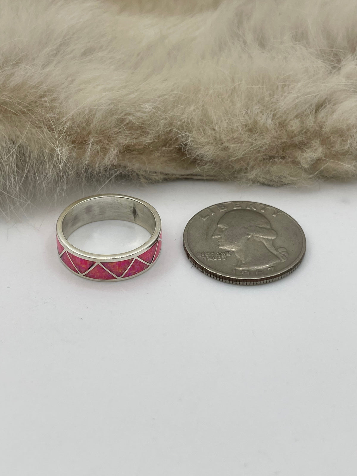 6.0 Hot Pink Opal Zig Zag Inlay Ring by Joann Peina, Zuni