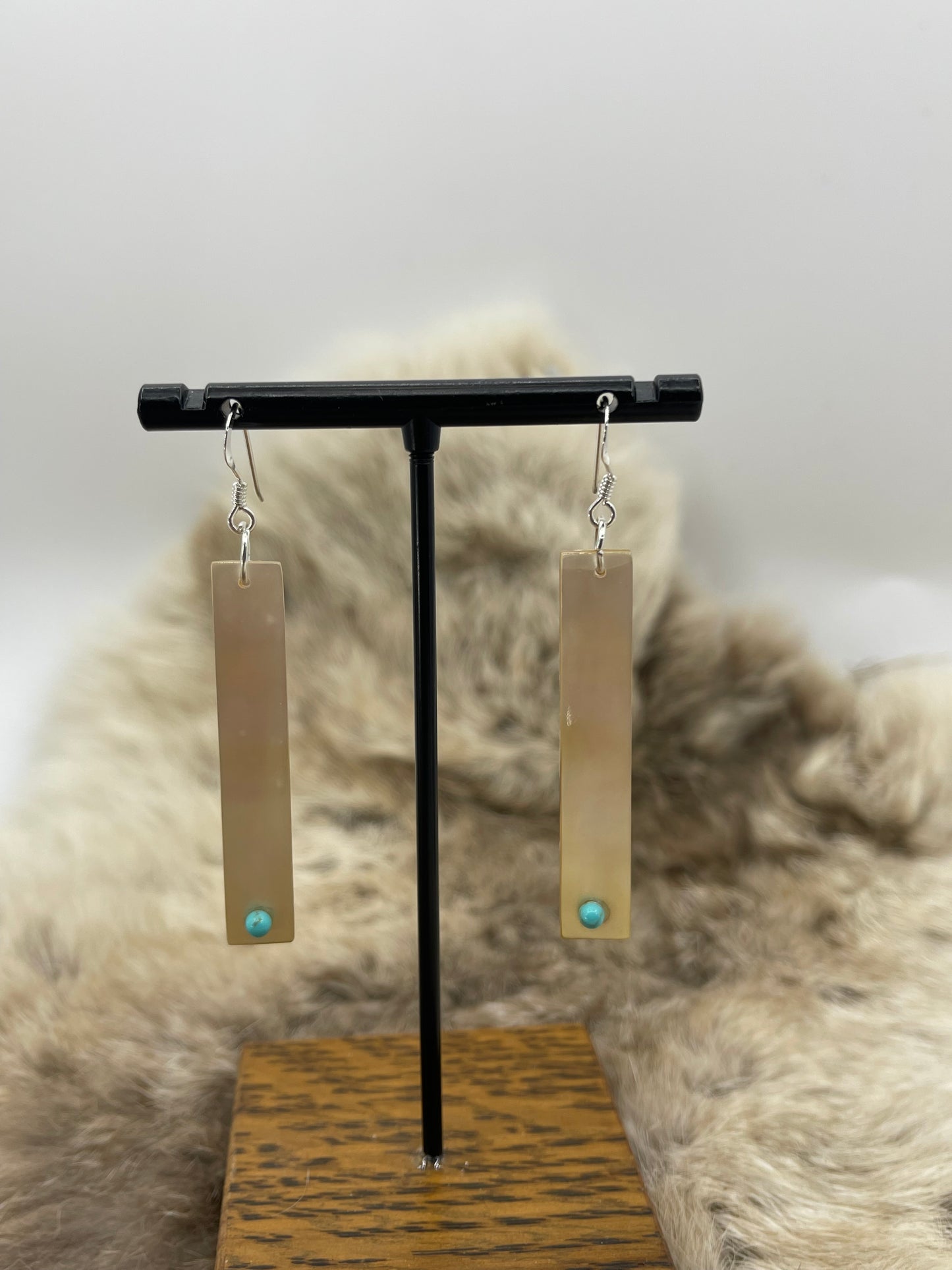 Mother of Pearl Long Dangle Rectangle w/ Turquoise by Jesus Espino, Zuni