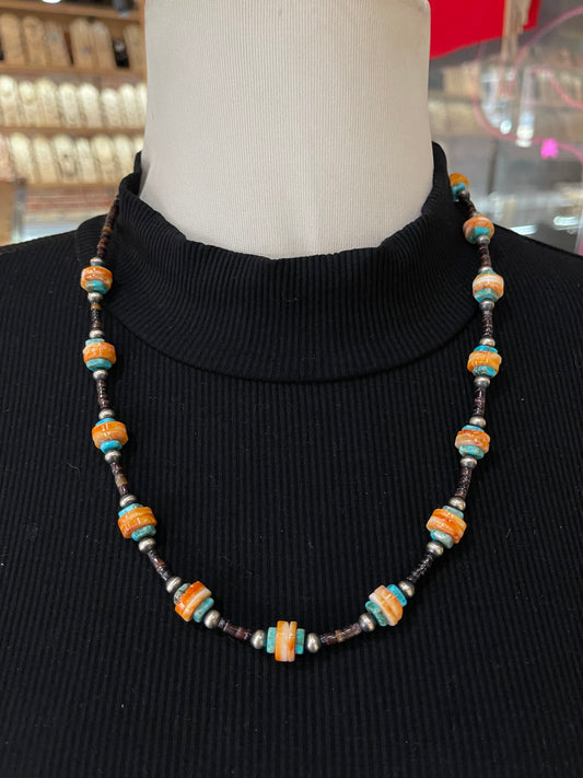 LOT 73 6/14 23" Spiny Oyster Shell, Pin Shell, and Turquoise Necklace by Tammy Nolcott, Navajo