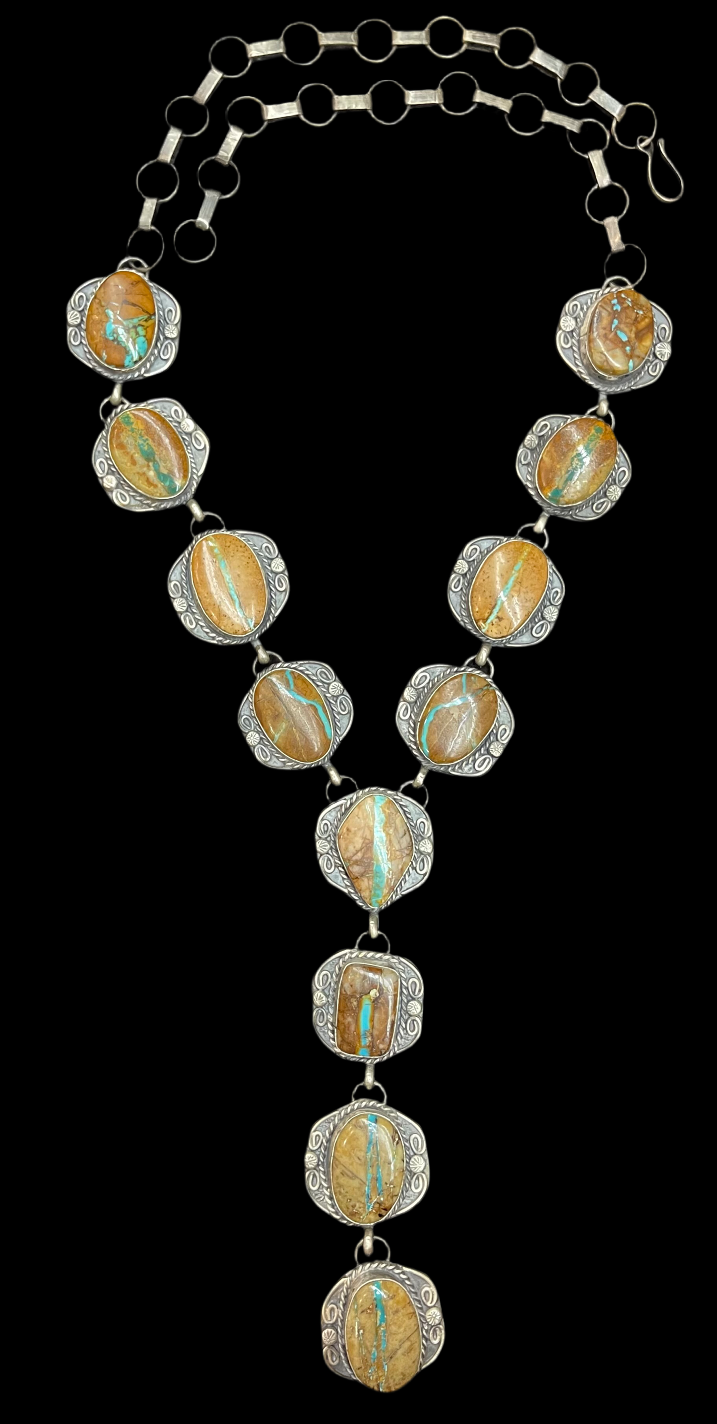 3 Piece Ribbon Turquoise 26" Lariat, 7.5 Ring, and Earring Set by Gilbert Nez, Navajo