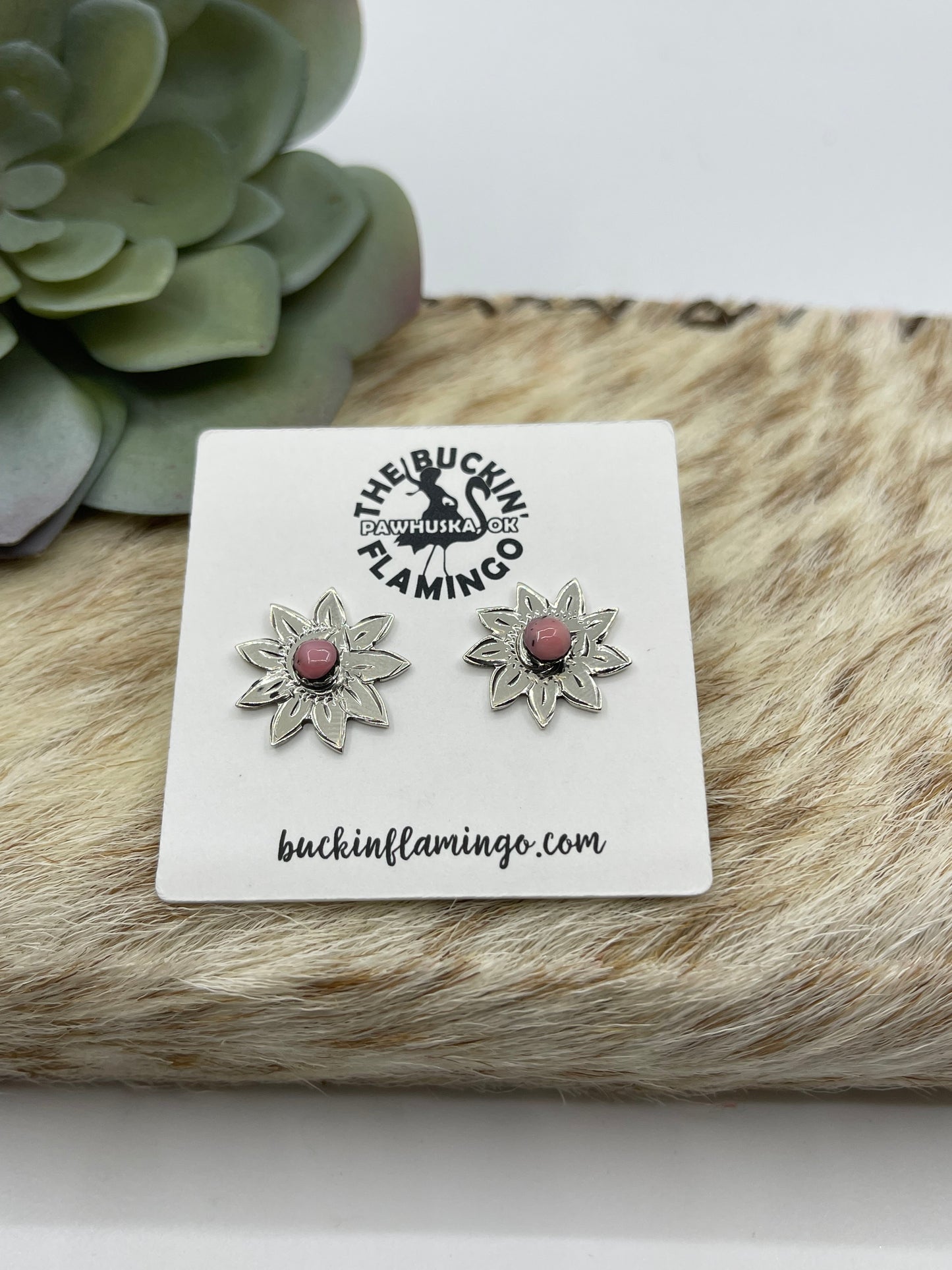 Pink Conch Sunflower Post Earrings by Sonyei Coho, Navajo