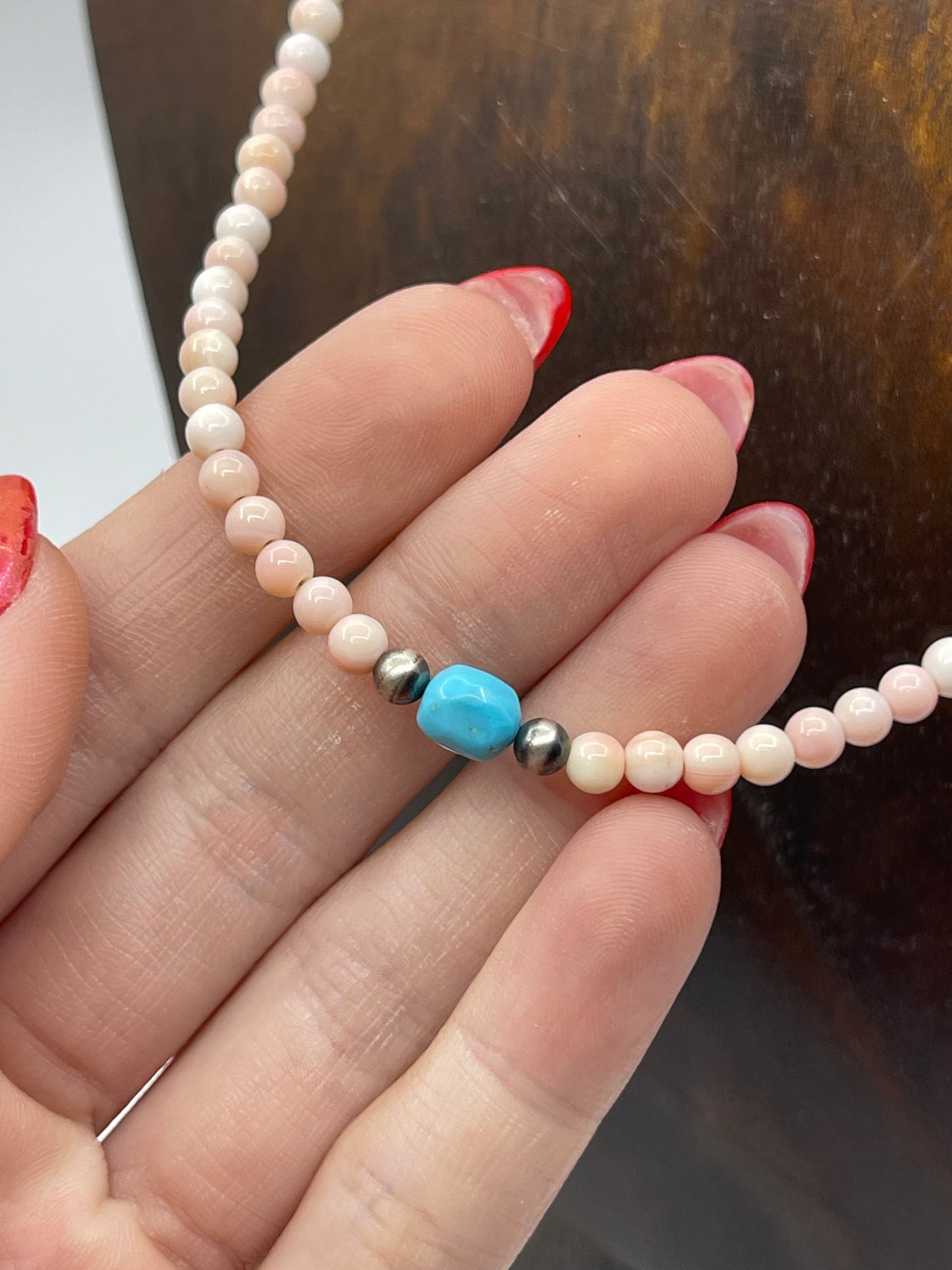 18" Pink Conch Shell and Turquoise Necklace with 3mm Navajo Pearls
