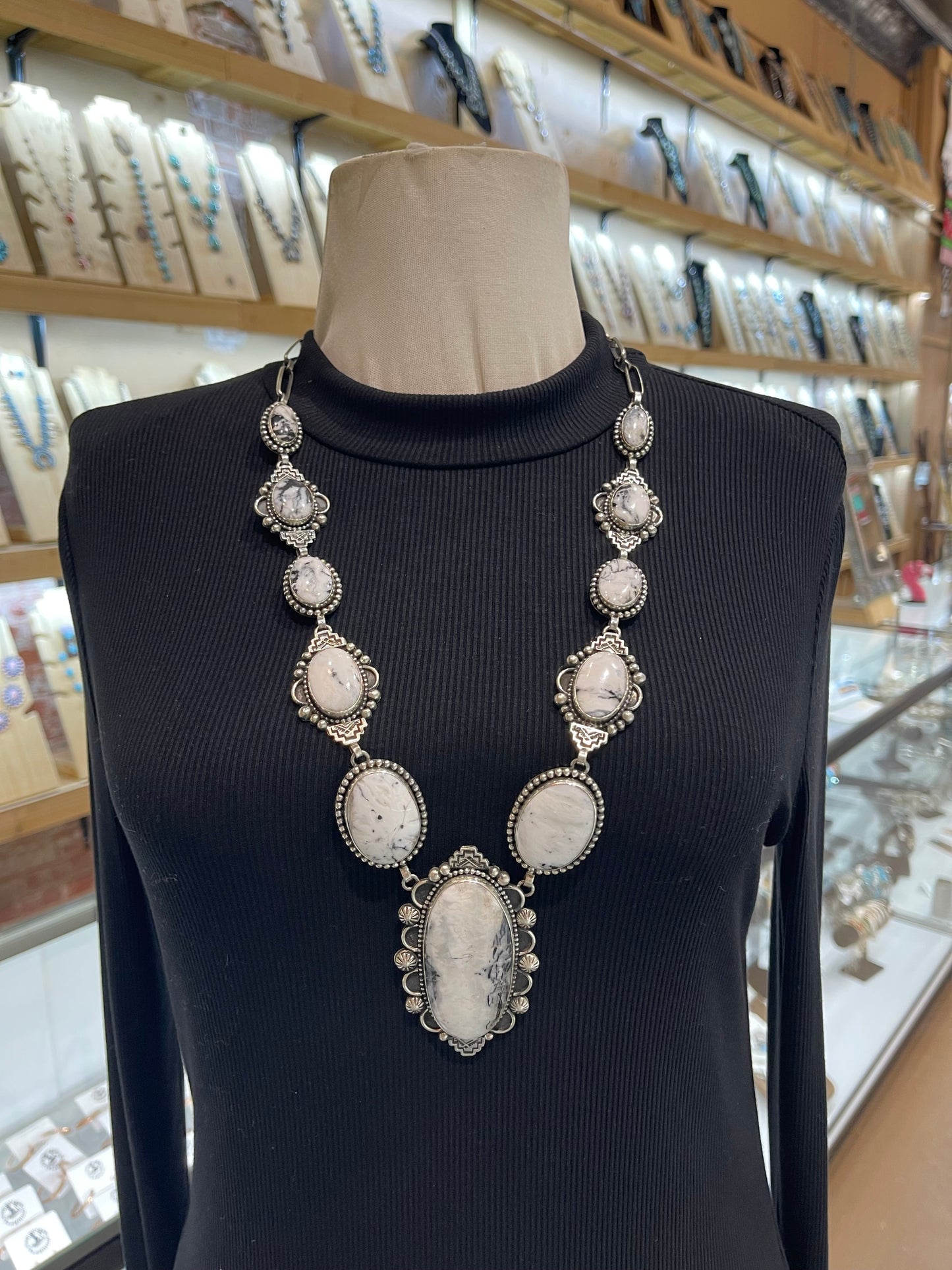30" White Buffalo Necklace & Earring Set by Mary Ellen Pease, Navajo
