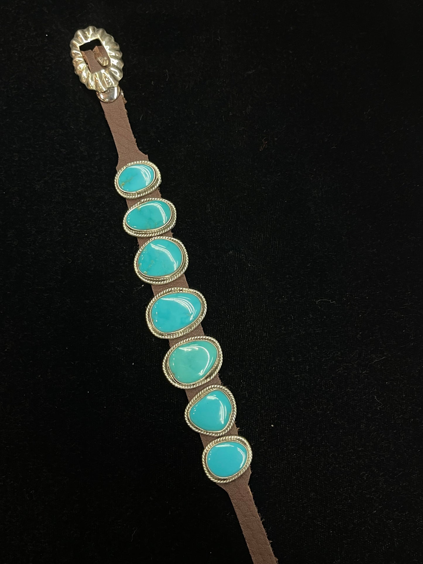 6 3/4"- 9" Leather Bracelet with Turquoise Stones by Marie Thompson, Navajo