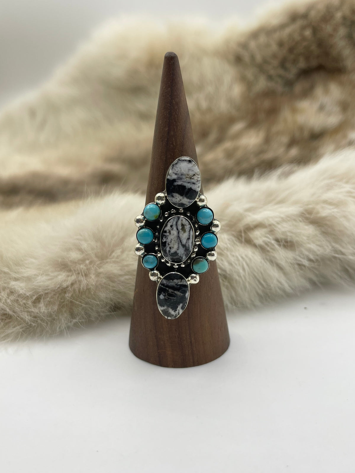 11.0 White Buffalo & Sleeping Beauty Turquoise Ring by David Lopez, Navajo