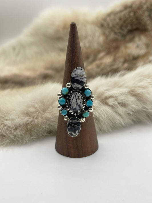 11.0 White Buffalo & Sleeping Beauty Turquoise Ring by David Lopez, Navajo