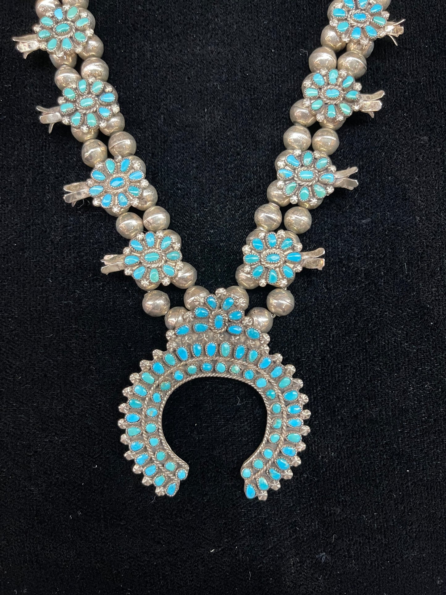 lot 22 10/20 Vintage Kingman Turquoise Squash Blossom with 7mm Handmade Navajo Pearls