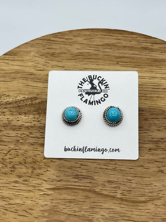 Blue Turquoise Round Post Earrings with Rope Border