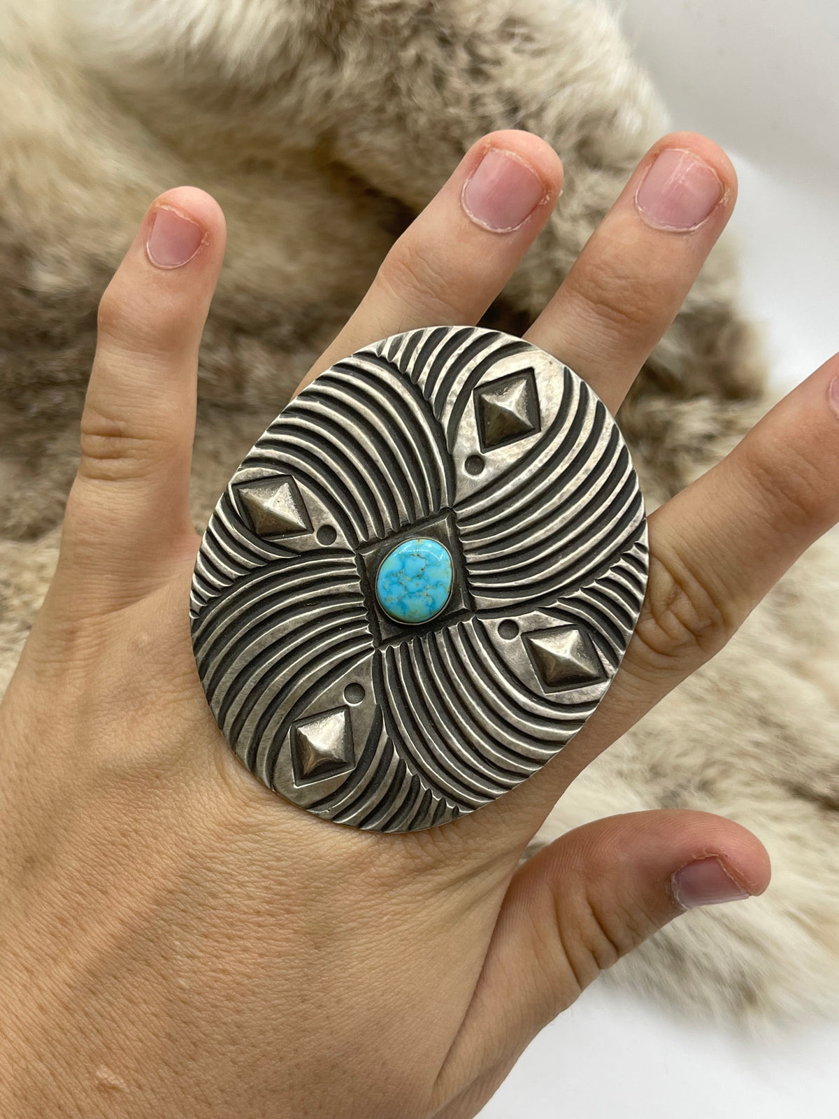 9.0 XL Conch Ring with Kingman Turquoise by Calvin Martinez, Navajo