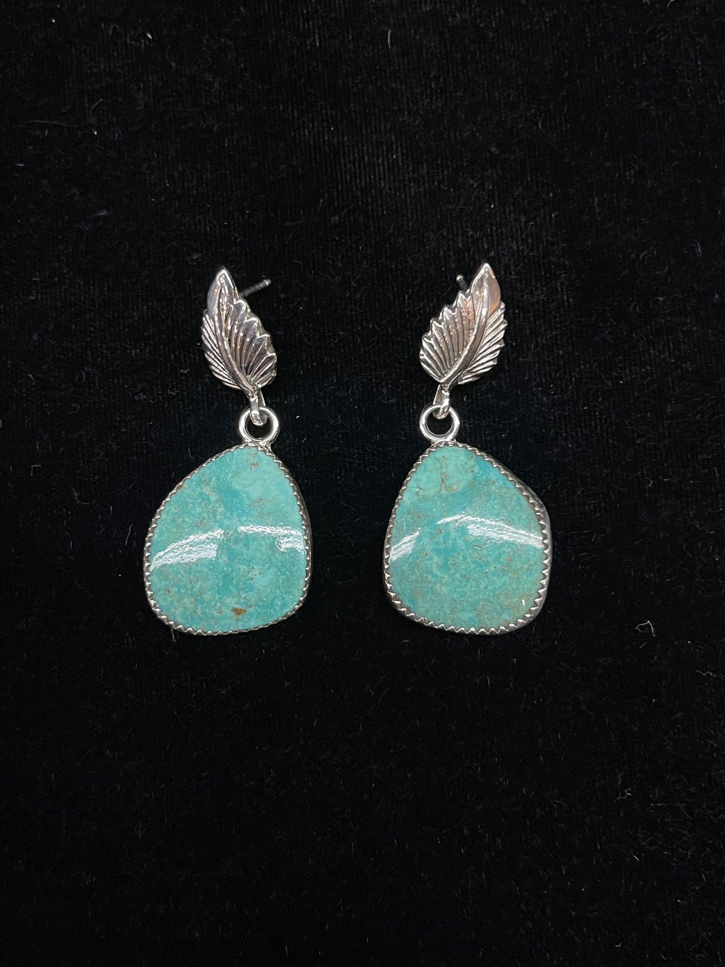 Turquoise Feather Post Dangle Earrings by Hiram Largo, Navajo