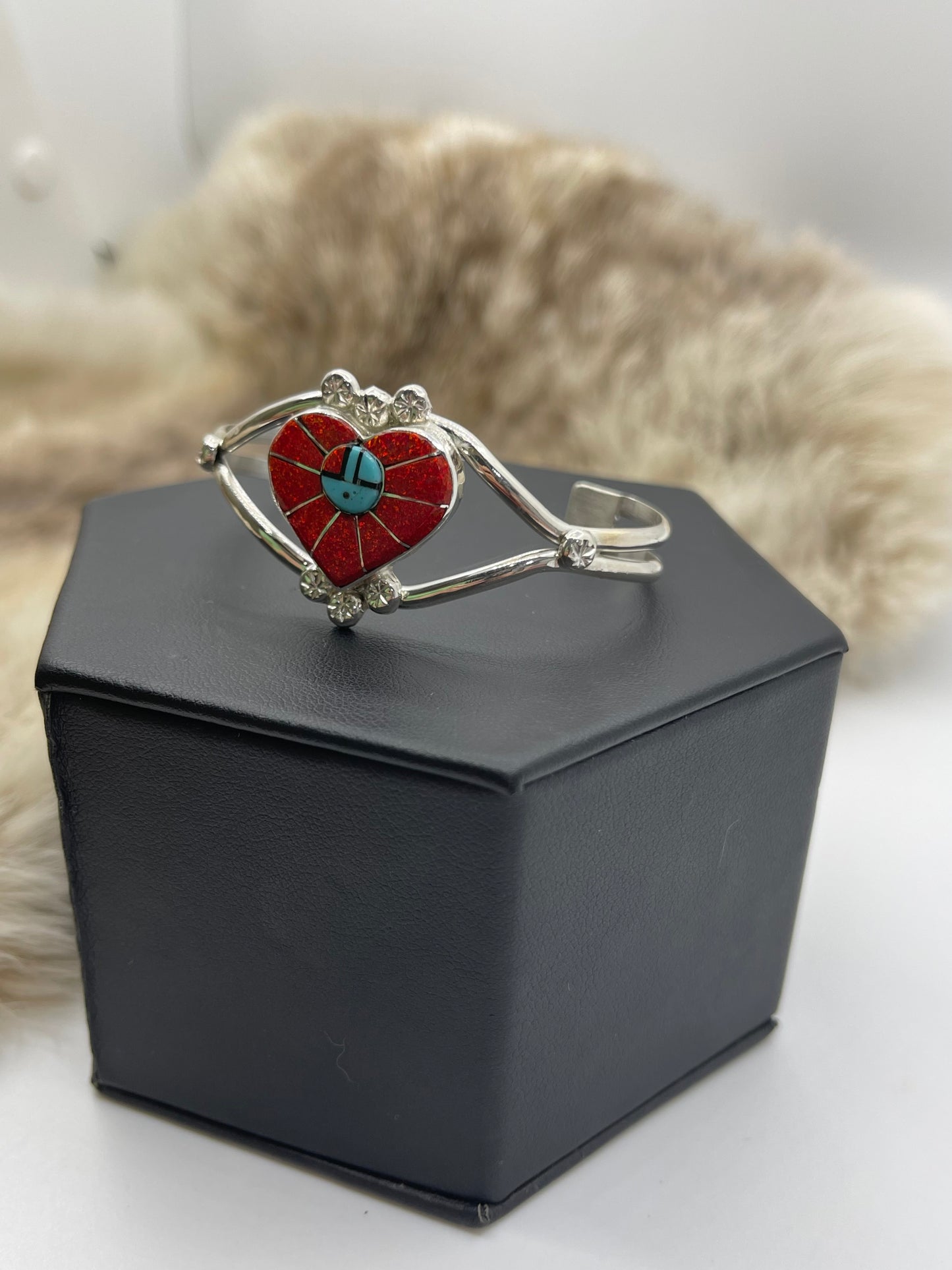 Red Opal Inlaid Heart with Zuni Sunface Cuff
