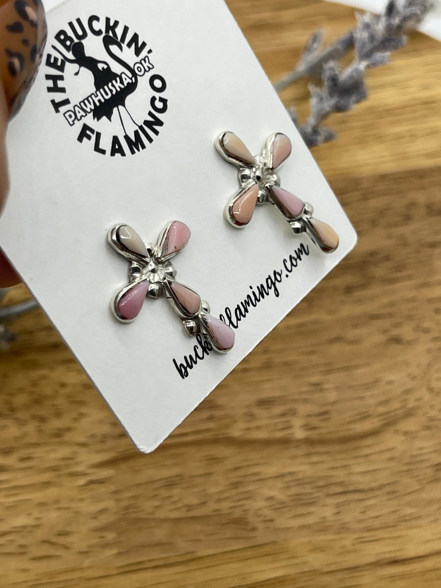 Pink Conch Shell Cross Post Earrings by Bryce Vacit, Zuni