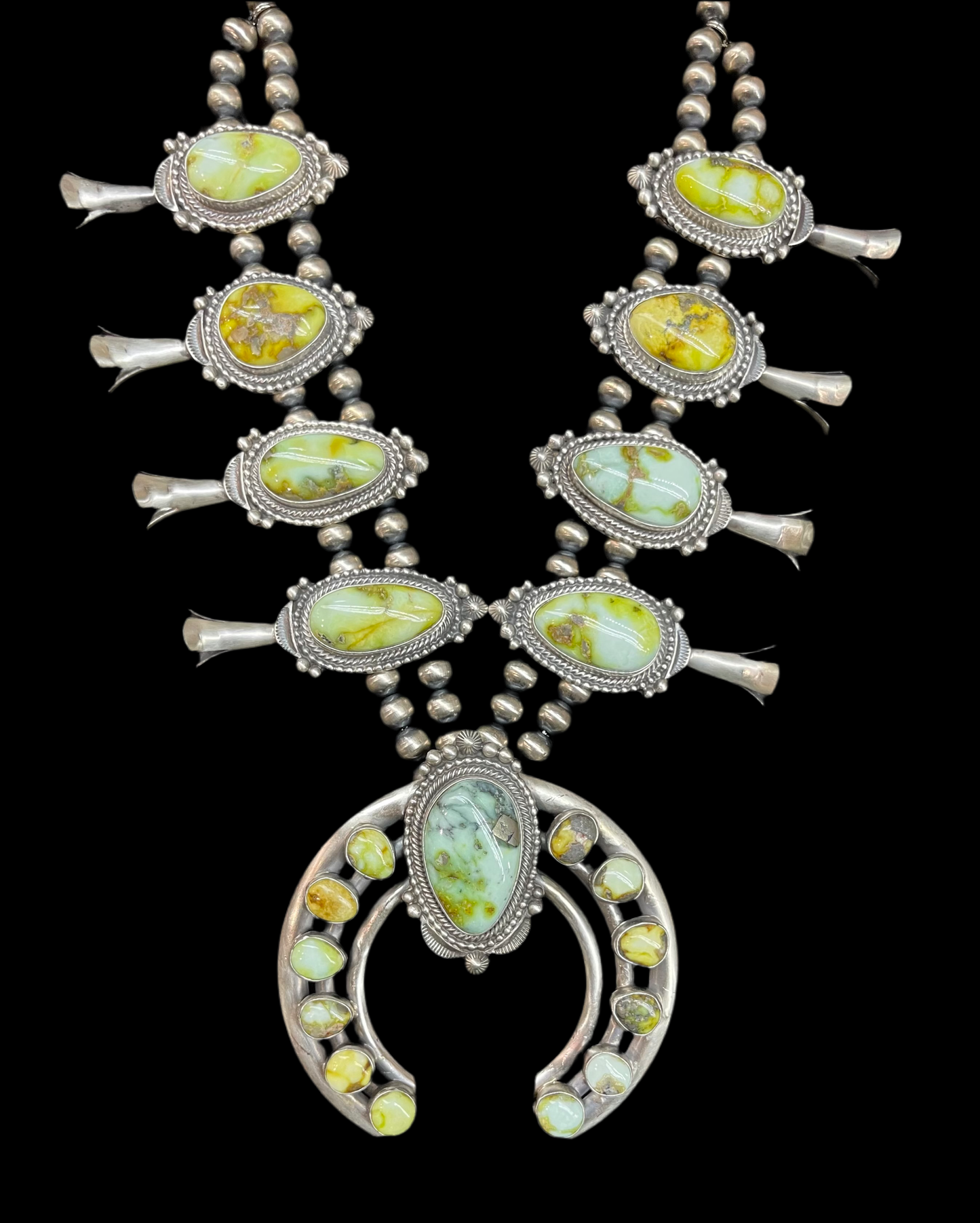 24" Palomino Turquoise Squash Blossom and Earring Set by Tom Lewis, Navajo