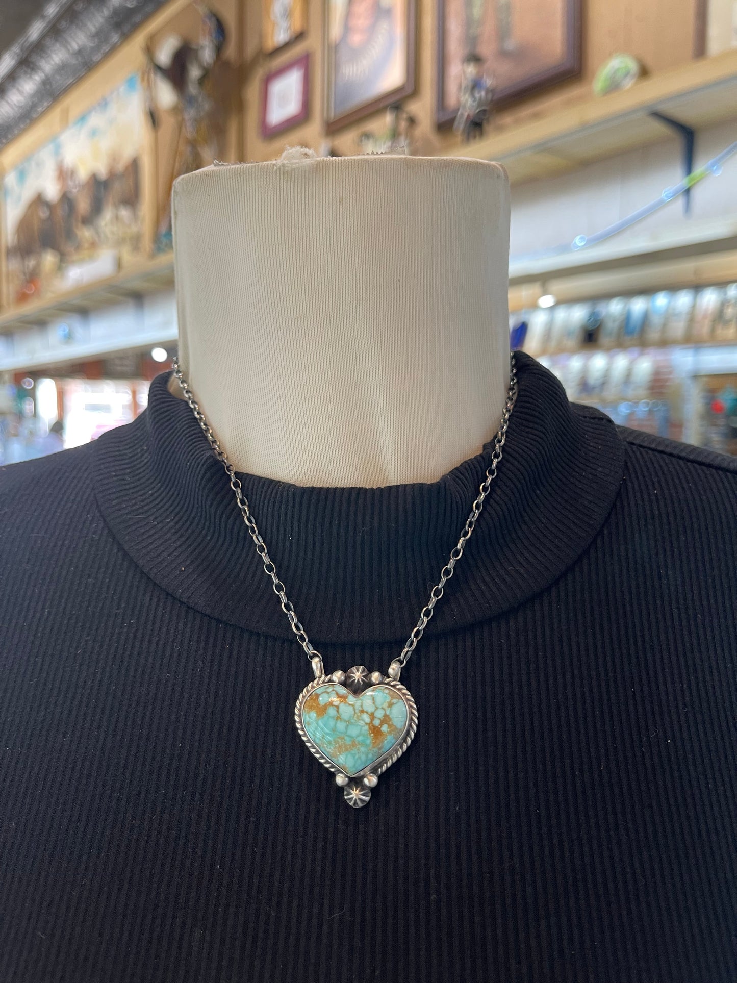 16" #8 Turquoise Heart Necklace by Johnny Dixon, Navajo