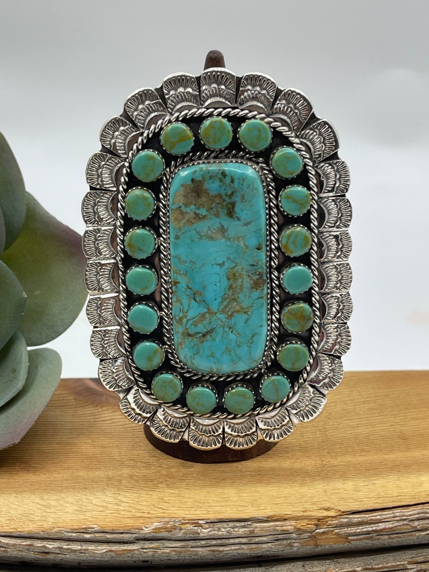 Adjustable Kingman Turquoise Cluster Ring by Larry Etsitty, Navajo