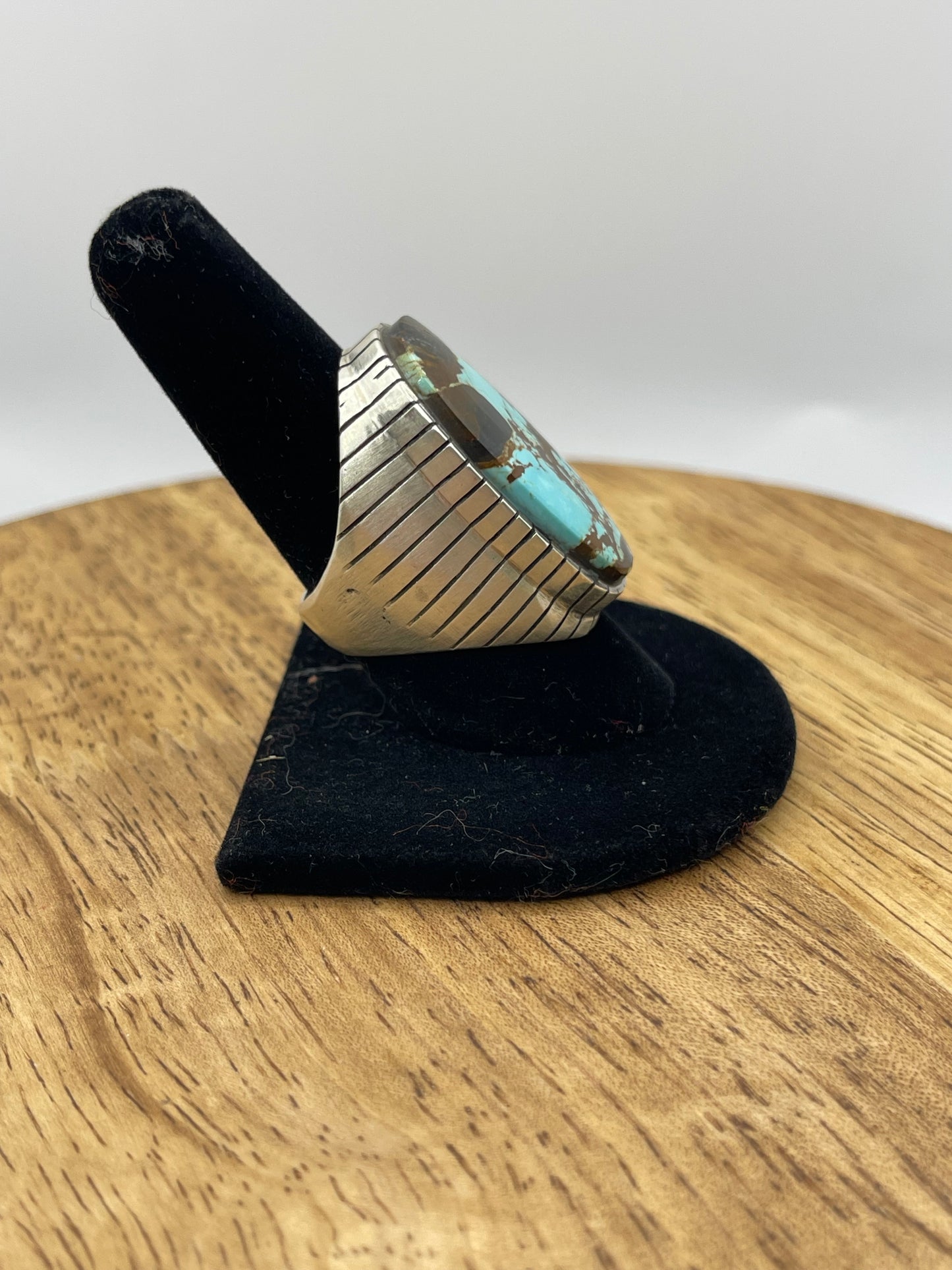 9.0 #8 Turquoise Stamped R Ring, Navajo