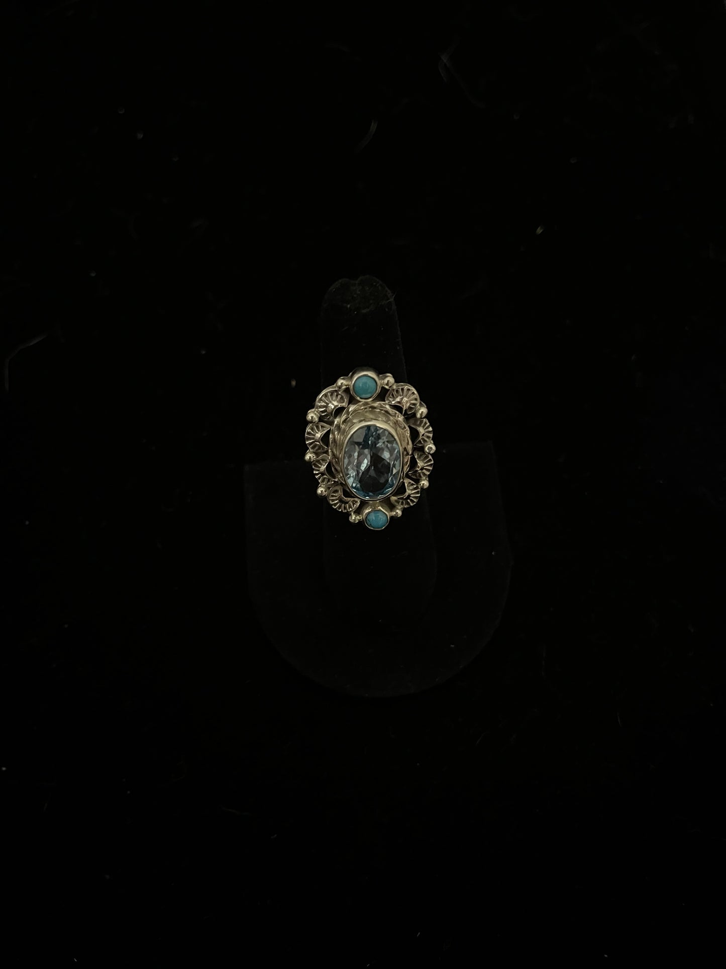 5.0 3 Stone Turquoise and Blue Topaz Ring by Running Bear, Navajo