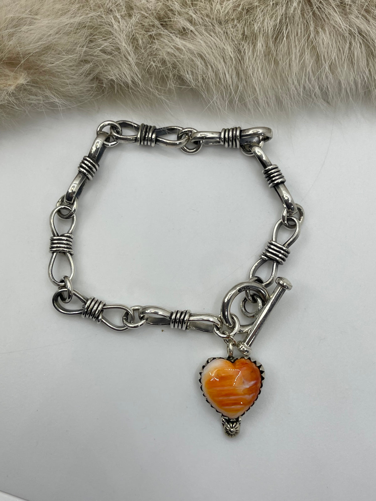 6.75” Orange Spiny Oyster Shell Heart Toggle Clasp Bracelet *Bezel Varies