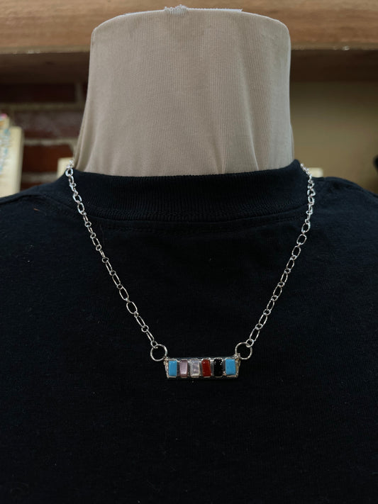 18" Inlay Multi Stone Bar Necklace by Glennetta Luna, Zuni