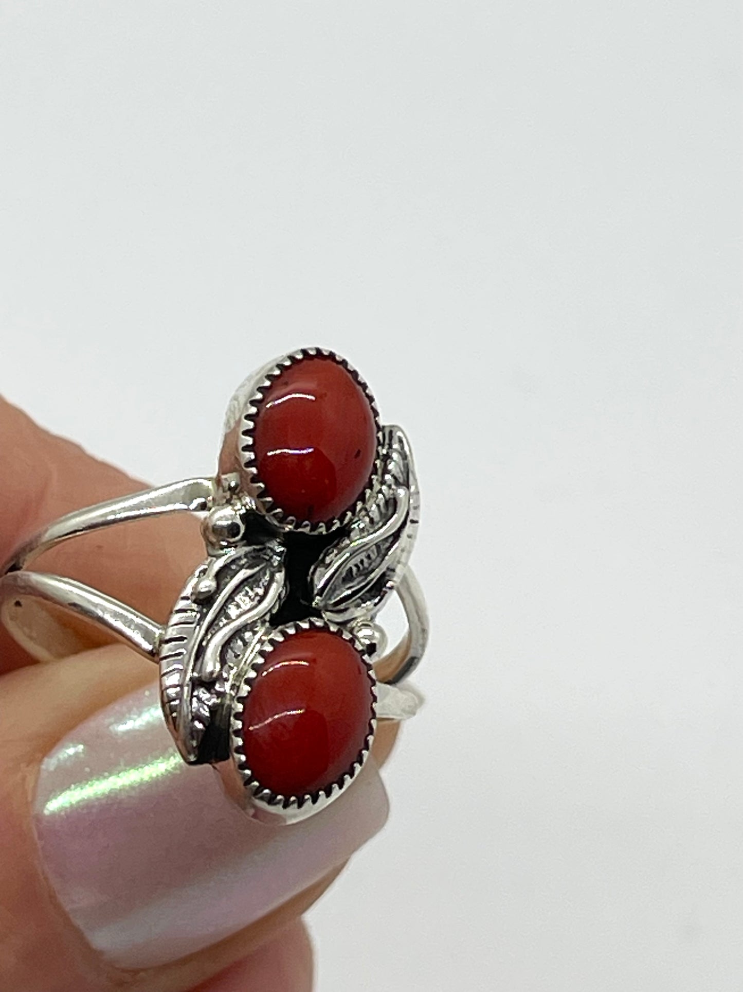 5.0 2 Stone Red Coral Ring by Sadie Jim, Navajo