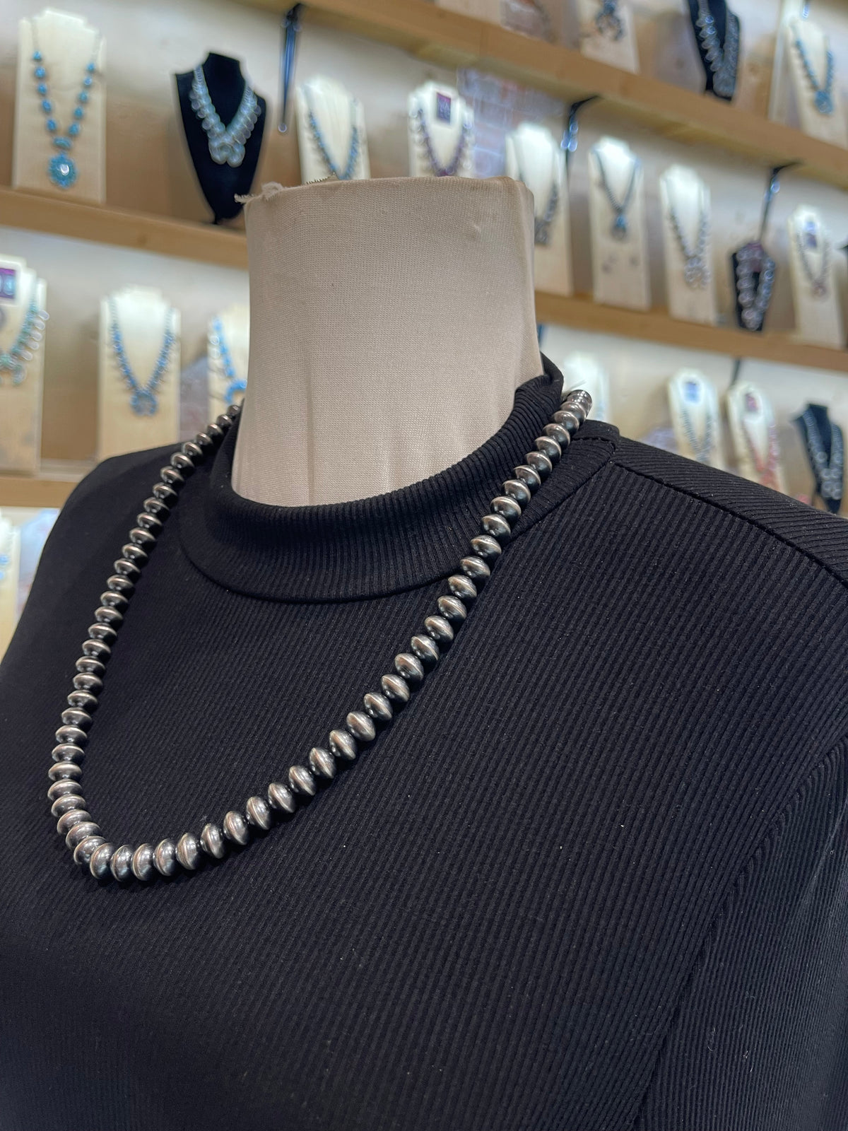 24” 9mm Handmade Navajo Pearls by Marcella James, Navajo