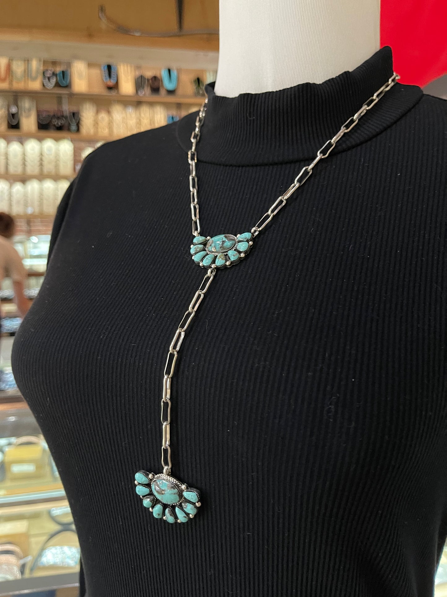 18"+6" Turquoise Half Cluster Lariat Necklace by Gregg Yazzie, Navajo