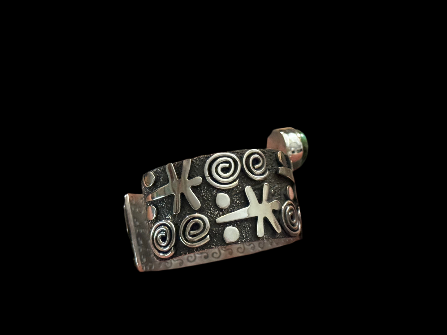 Dragonfly and Spiral Petroglyph Cuff with Sonoran Gold Turquoise by Alex Sanchez, Navajo (medium width)