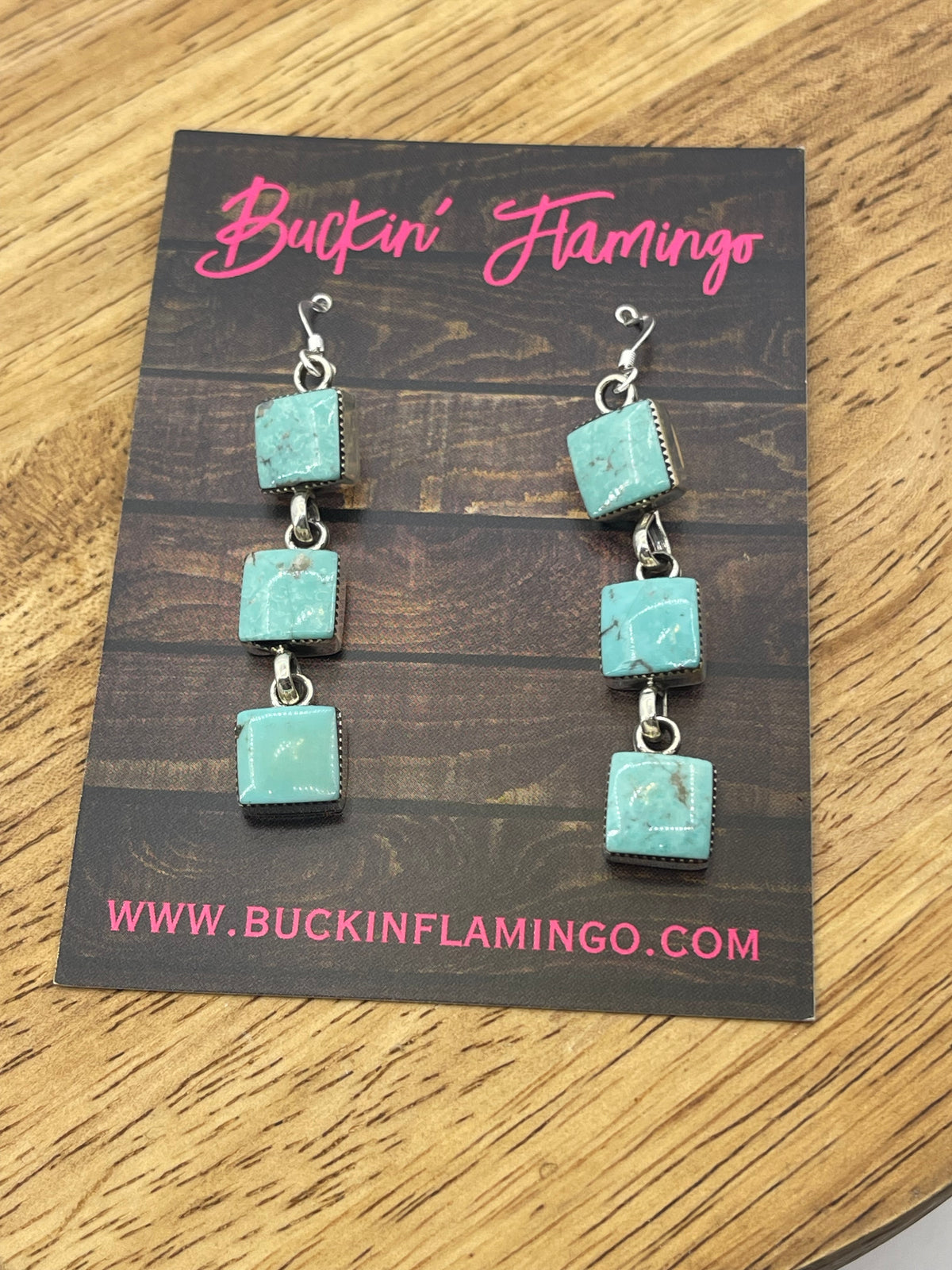 LOT 65 10/18 3 Square Turquoise Stones Dangle Earrings by Marie Bahe, Navajo