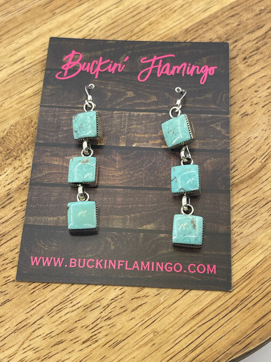 LOT 65 10/18 3 Square Turquoise Stones Dangle Earrings by Marie Bahe, Navajo