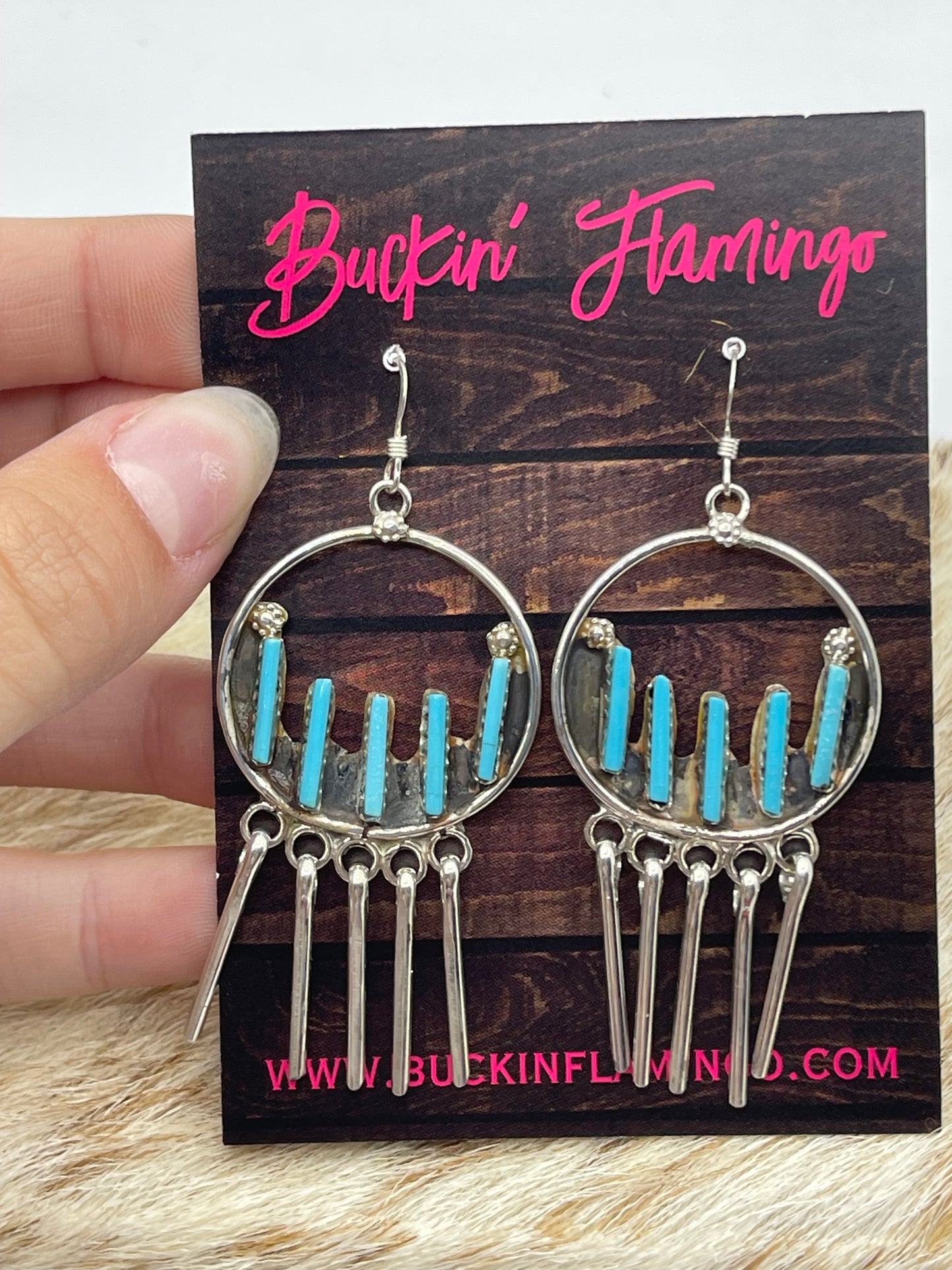 Needlepoint Turquoise Dream Catcher Dangle Earrings by Kathryn Qualo, Zuni