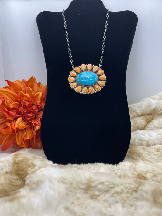 16" Orange Spiny Oyster & Turquoise Cluster Necklace