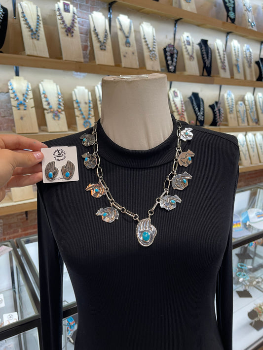 22" Bear Necklace on Handmade Paperclip Chain Neckalce+Earrings set by Marie Jackson, Navajo