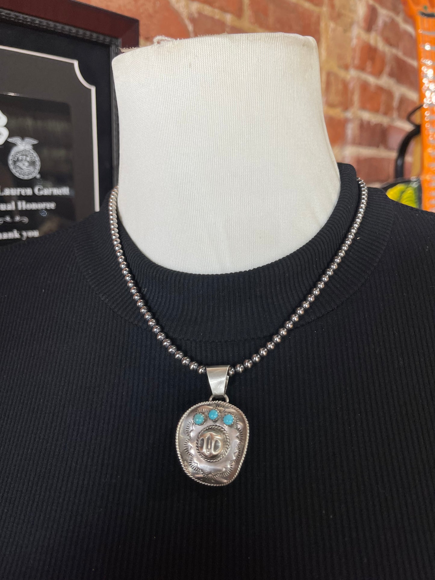 Cowboy Hat Pendant by Bobby Plateno, Navajo, with 18" 4 mm Navajo Pearls