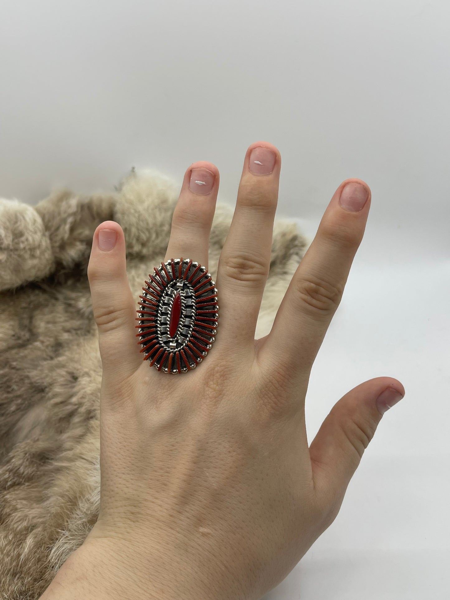 9.0 Red Coral Needlepoint Cluster Ring by Berton Cooyeyate, Zuni