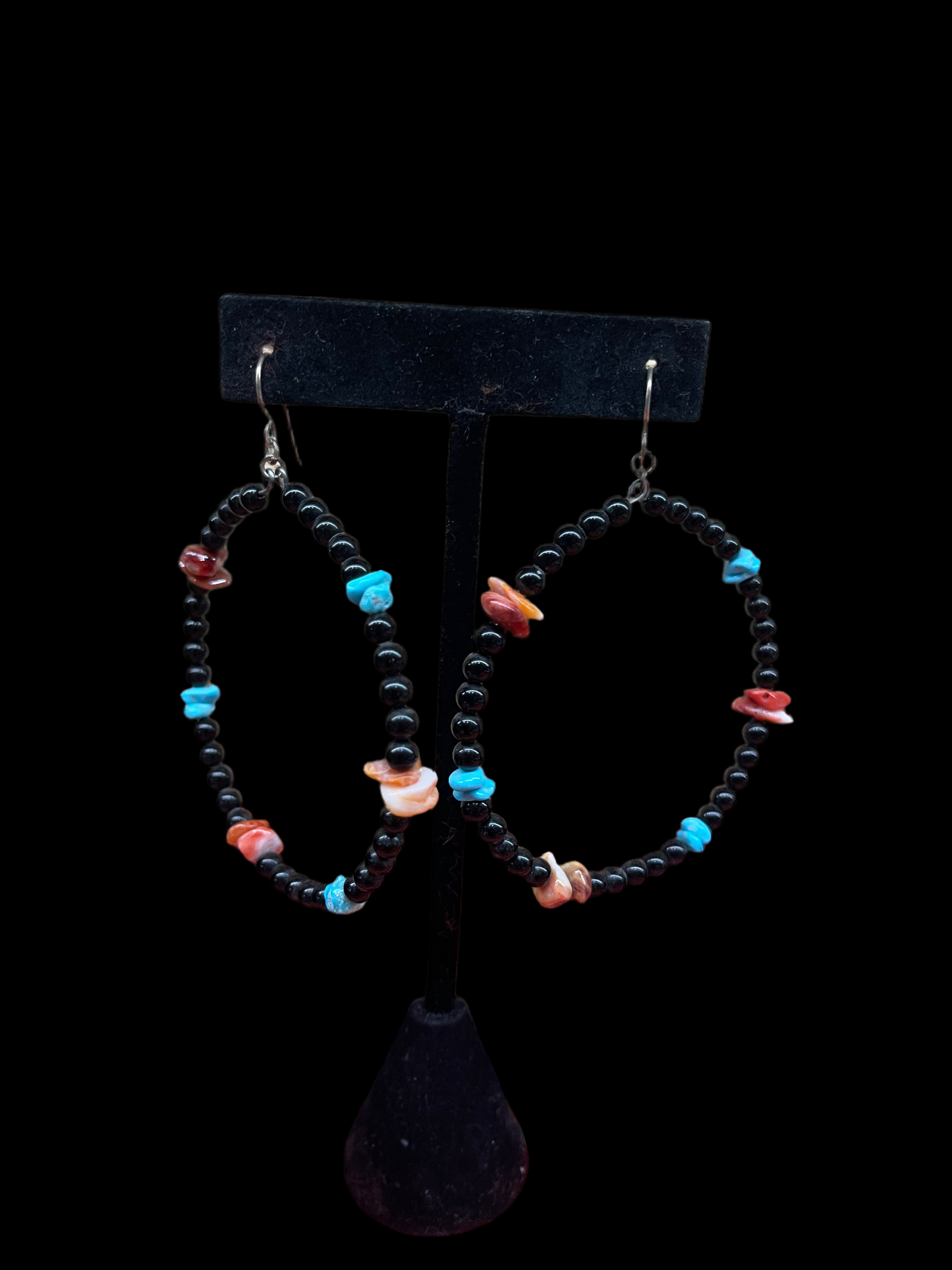 Spiny Oyster Shell, Natural Sleeping Beauty Turquoise, and Black Onyx Beads Hoop Earrings