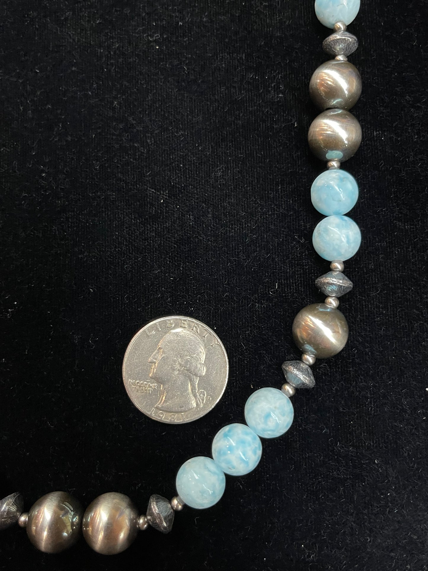 22" Necklace with 12mm Larimar and Navajo Style Pearls