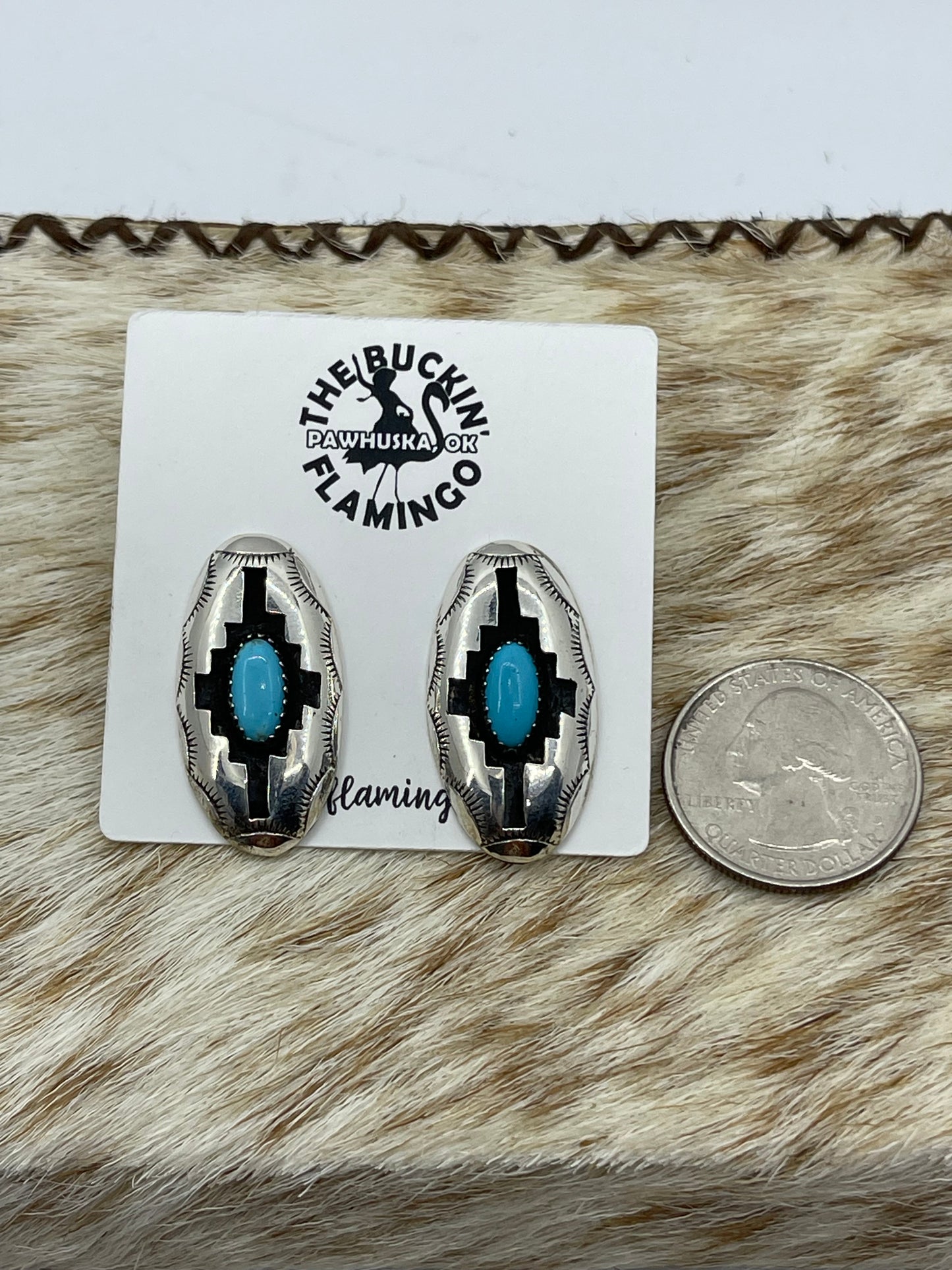 Oval Turquoise Shadowbox Post Earrings by Felix Perry, Navajo