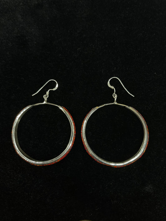 Red Opal Inlay Hoop Earrings by Kerrie Peina, Zuni