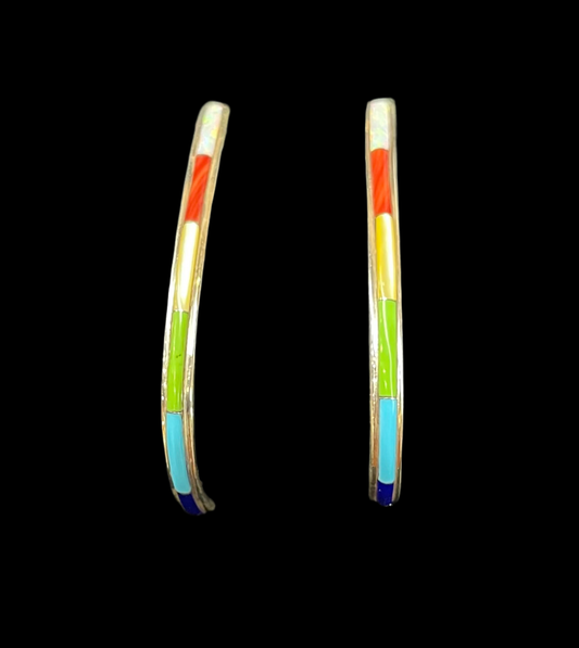 Rainbow Multi-Stone Inlay Half Hoop Post Earrings