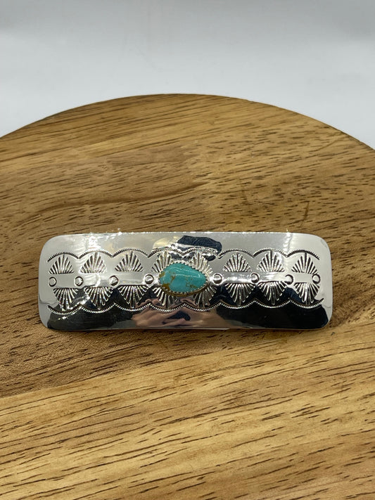 3"x1" Turquoise Stamped Hair Barrette by Jolene Begay, Navajo (Stamping May Vary)