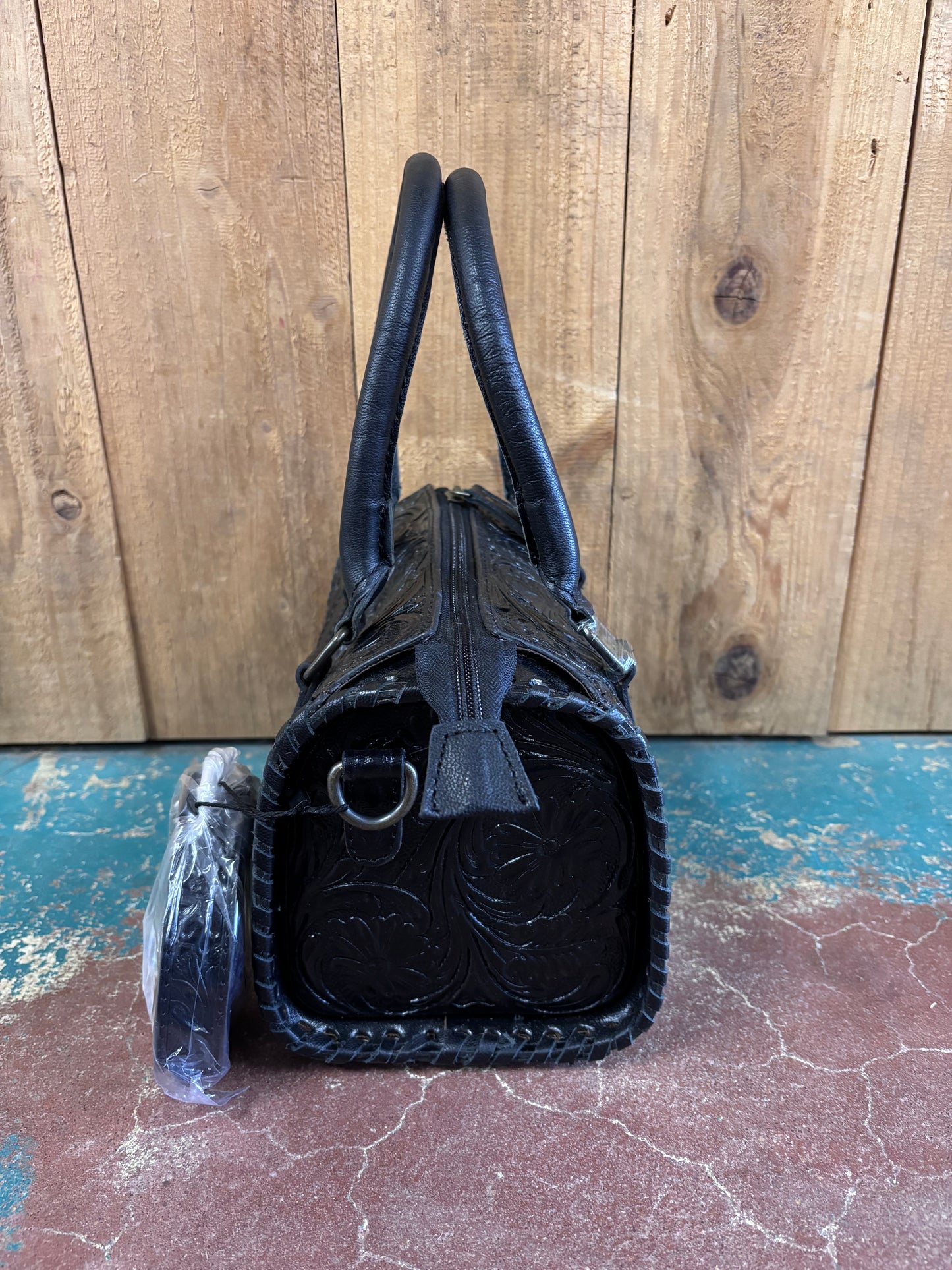 Small Black Flower Tooled Leather Crossbody Speedy Bag Purse