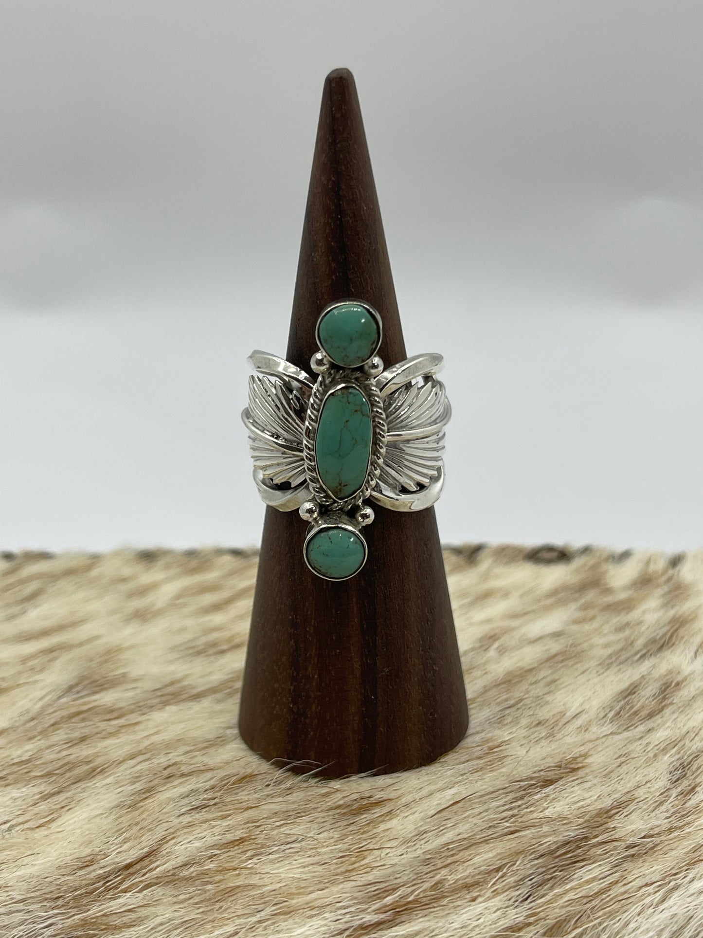 8.5 Feather and 3 Stone Turquoise Ring by Loretta Delgarito, Navajo