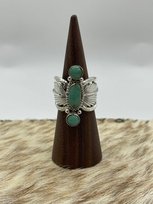 8.5 Feather and 3 Stone Turquoise Ring by Loretta Delgarito, Navajo
