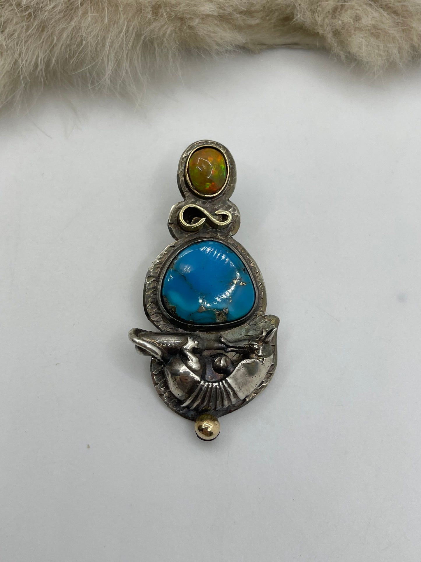 “Space Armadillo” 14k Gold & Sterling Blue Kingman Turquoise & Natural Opal by Bad Bronc
