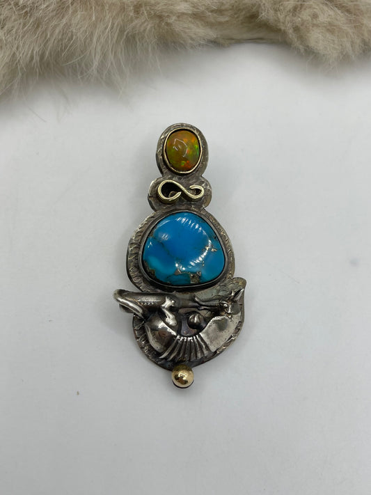 “Space Armadillo” 14k Gold & Sterling Blue Kingman Turquoise & Natural Opal by Bad Bronc